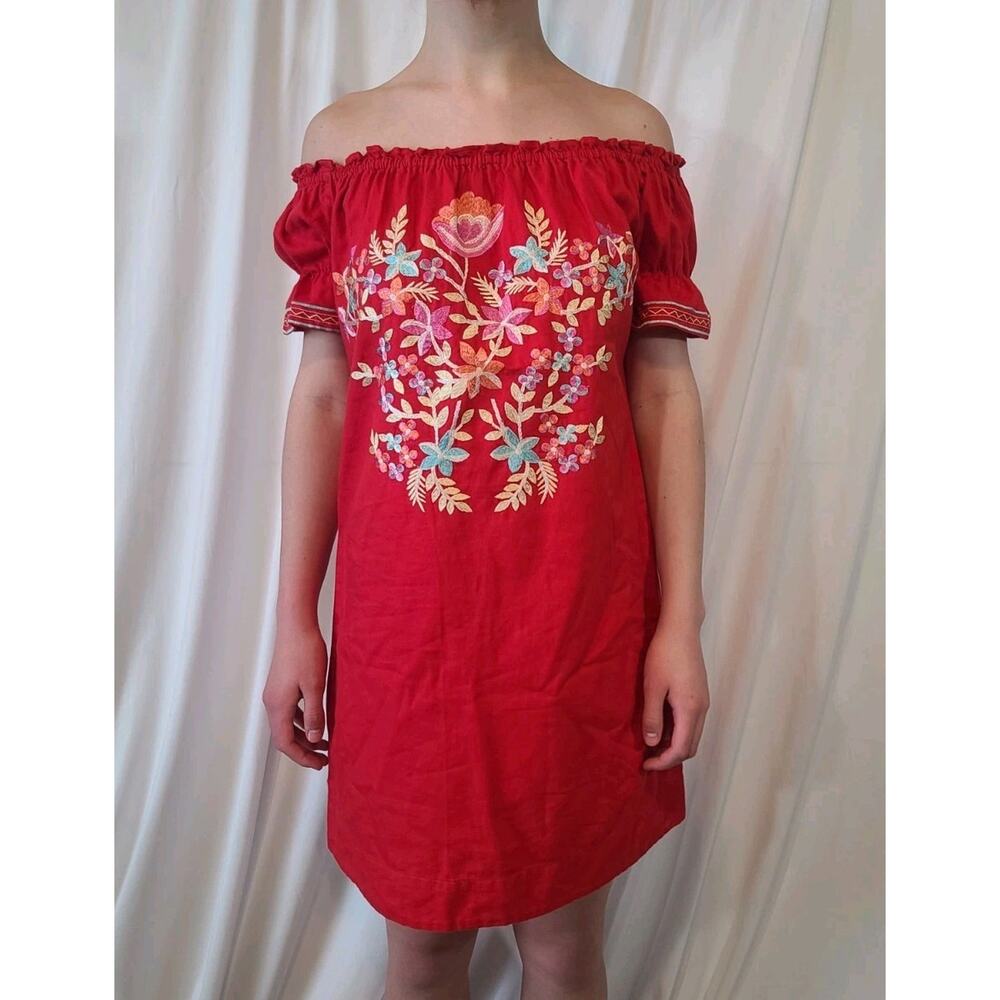 Free People Fleur Du Jour Embroidered Red Off Shoulder Mini Dress XS